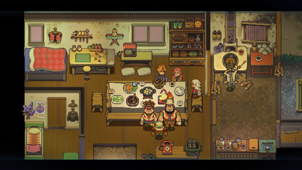 Screenshot from the game Eastward - Octopia. John is cooking at has invited some guests over for dinner who are gathered around the dining table at the center of the house.