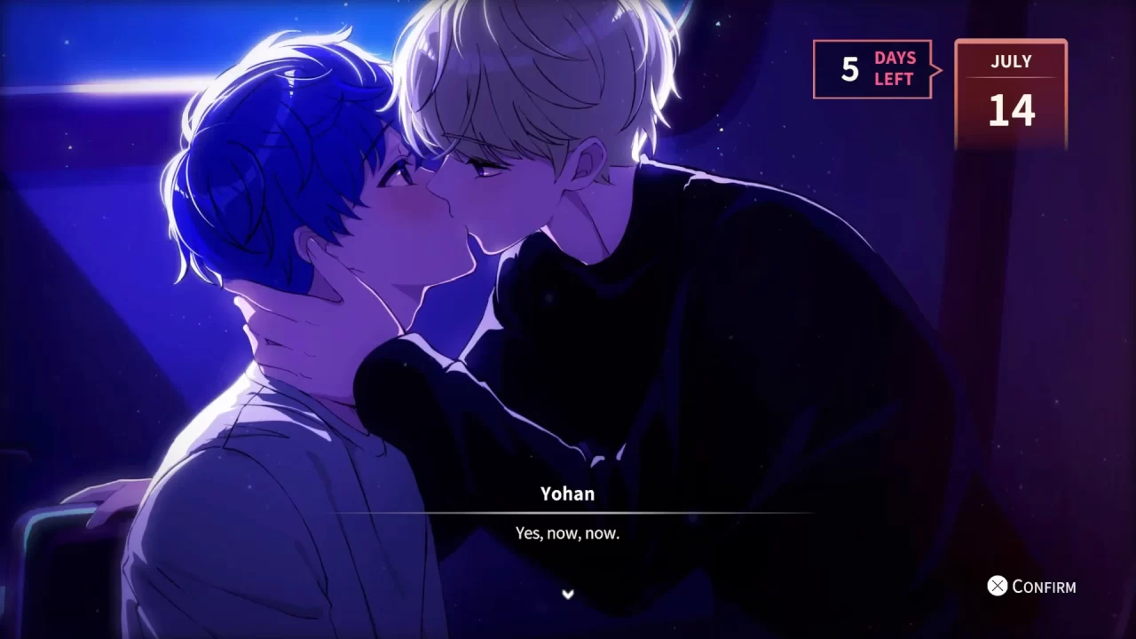 The protagonist and Yohan share a romantic moment in Eternights.