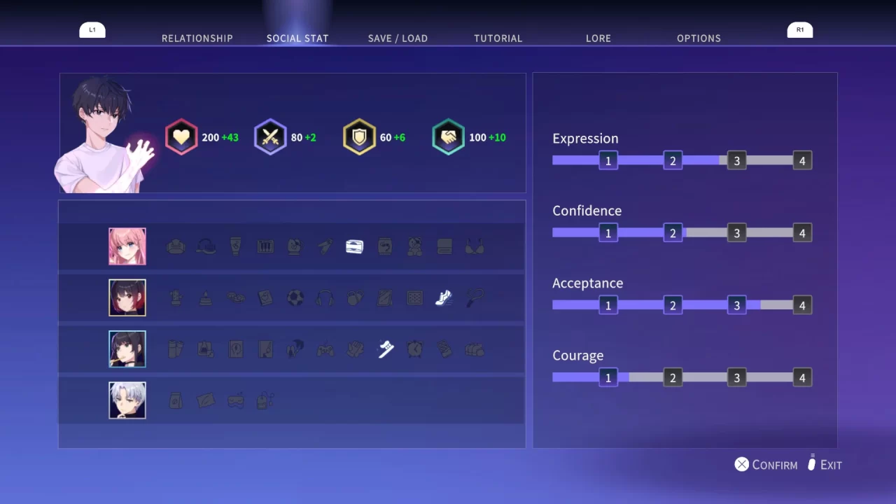 The social stats menu in Eternights.