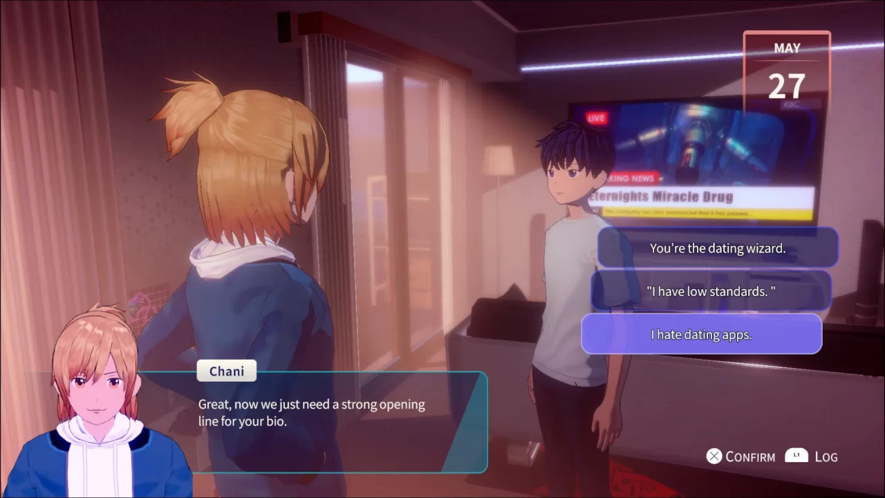 The protagonist and Chani having a conversation about dating apps in the beginning of Eternights.
