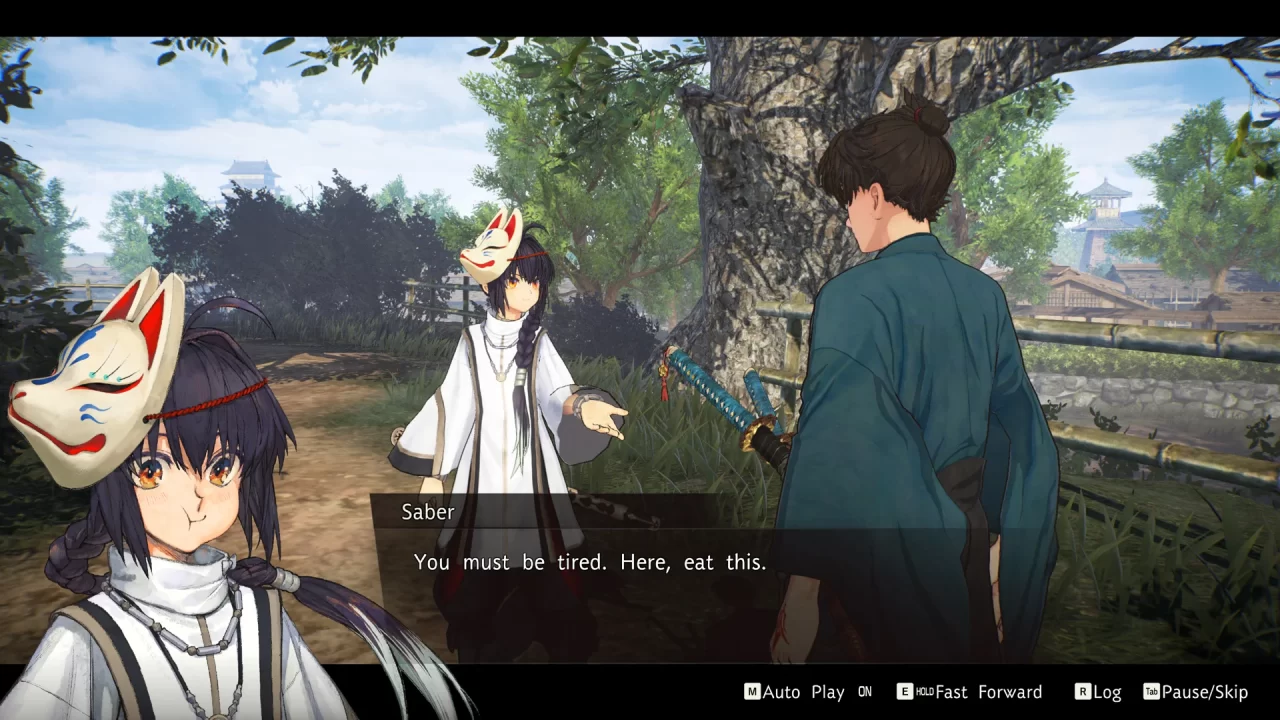 Fate/Samurai Remnant screenshot of protagonists Iori and Saber conversing.