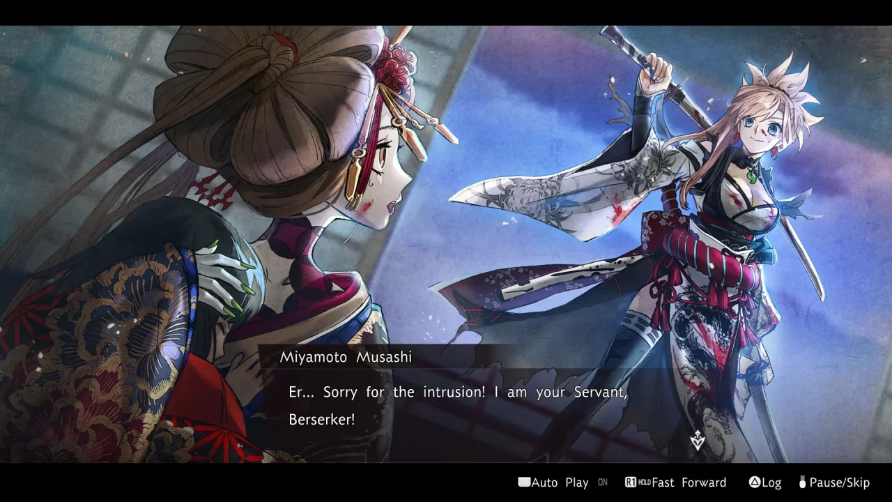 Fate/Samurai Remnant screenshot of Miyamoto Musashi making herself known to her new Master.