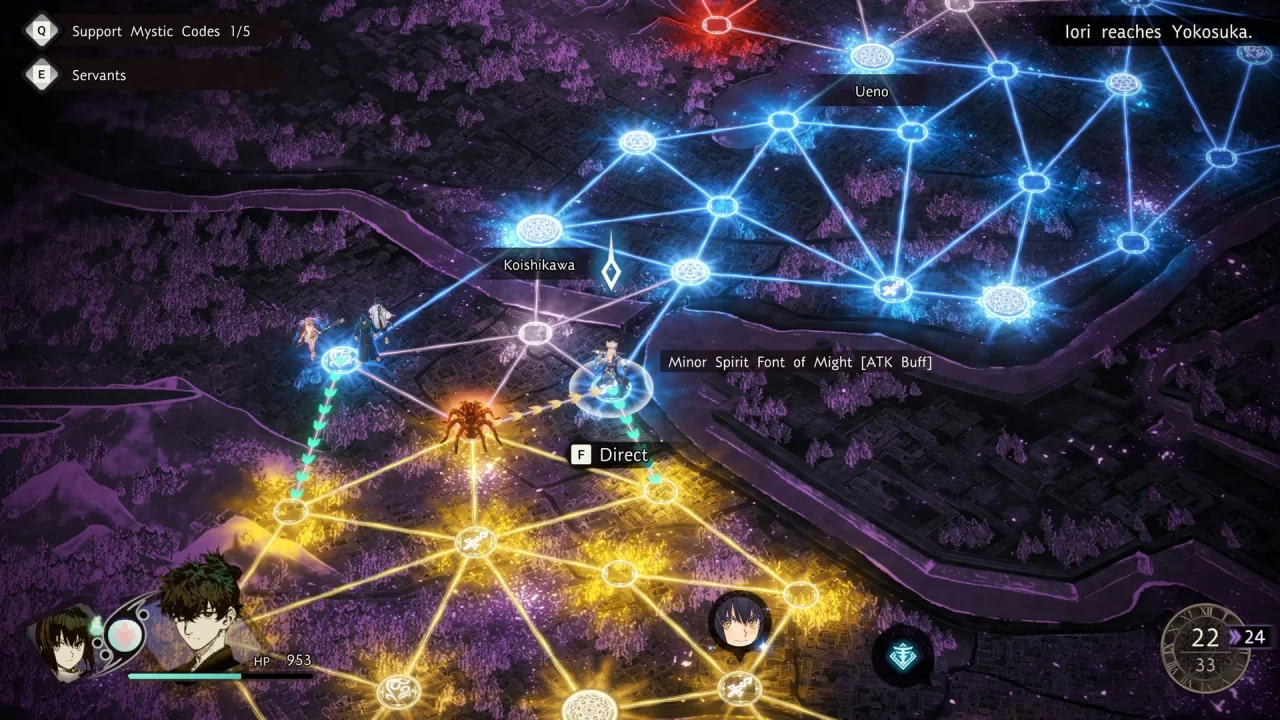 Fate/Samurai Remnant screenshot of the Spirit Font system: a strategic board game-like element.