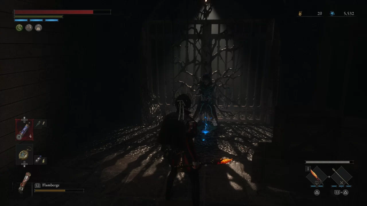 Pinocchio stands in front of a locked area with an extended dagger weapon.