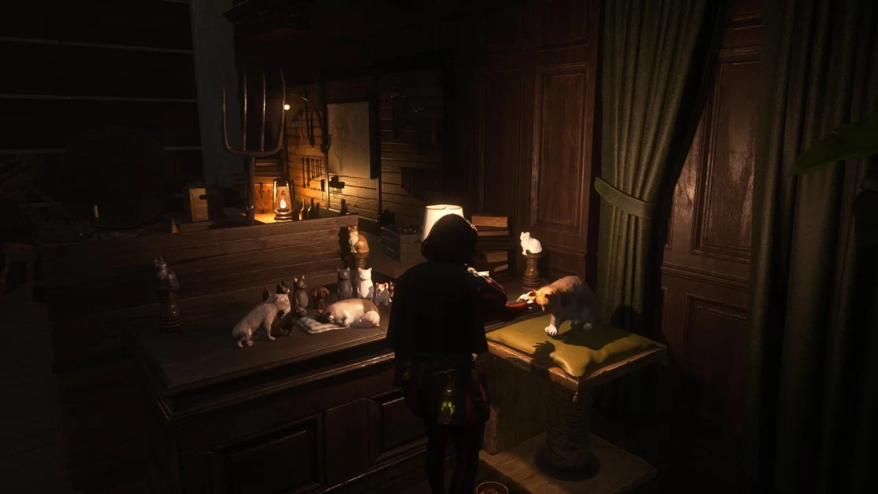 Pinocchio pets a cat in Hotel Krat.