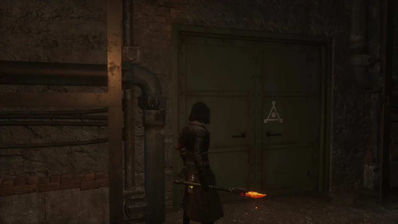Lies of P screenshot showing a trinity symbol on a door.
