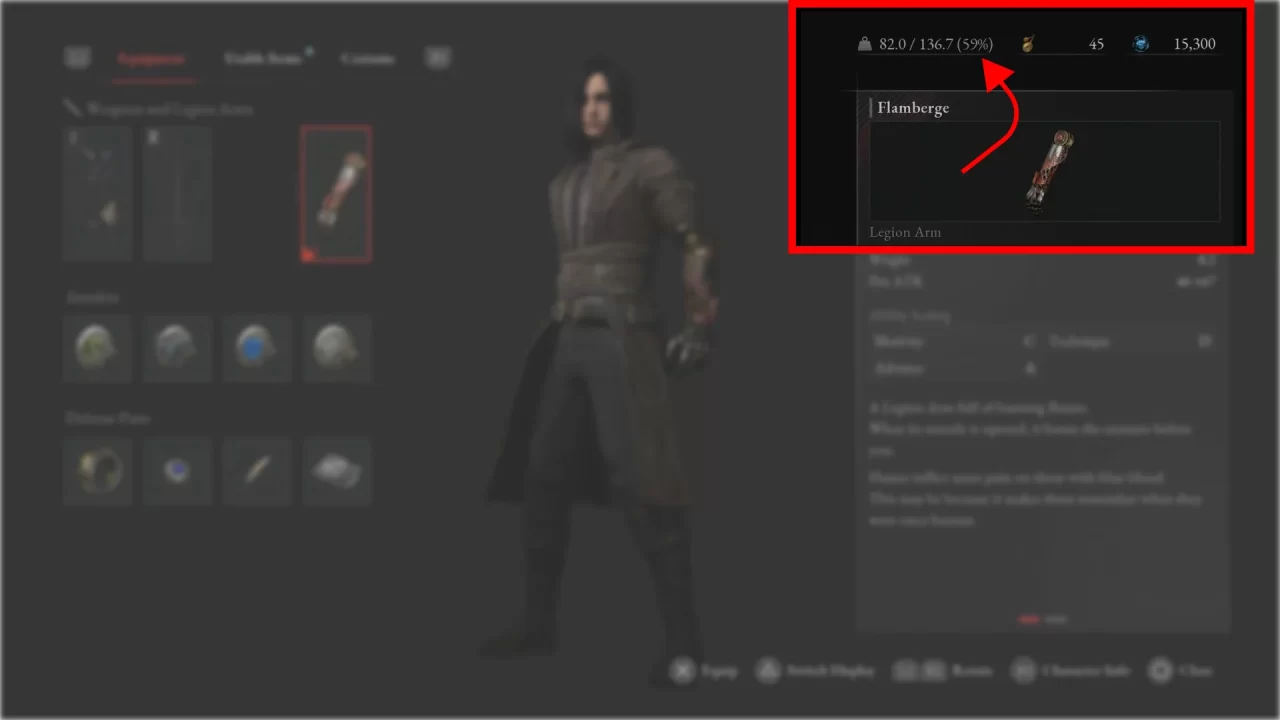 Lies of P inventory screen, highlighting the section containing encumbrance percentage.