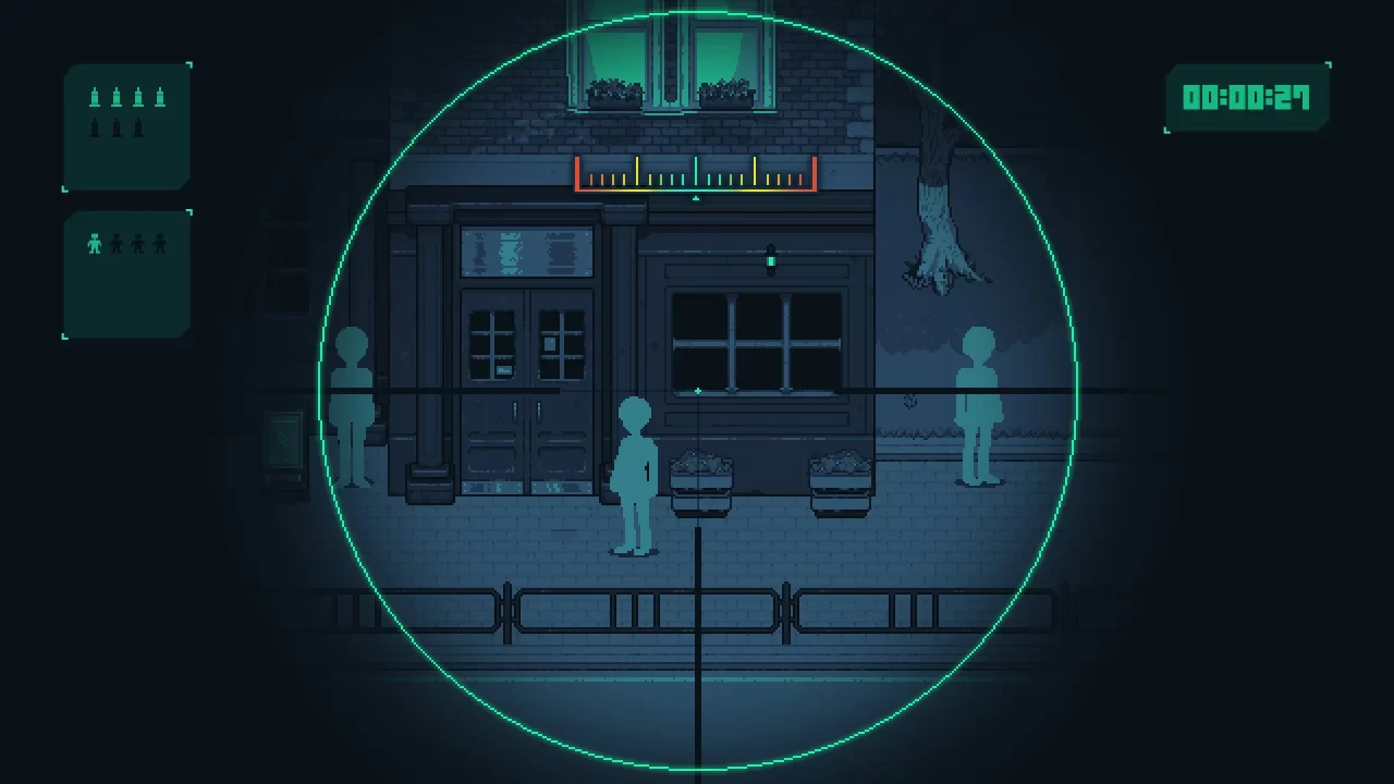 A sniping segment screenshot from Long Gone Days. The player looks through a scope at a number of figures around what appears to be a storefront.