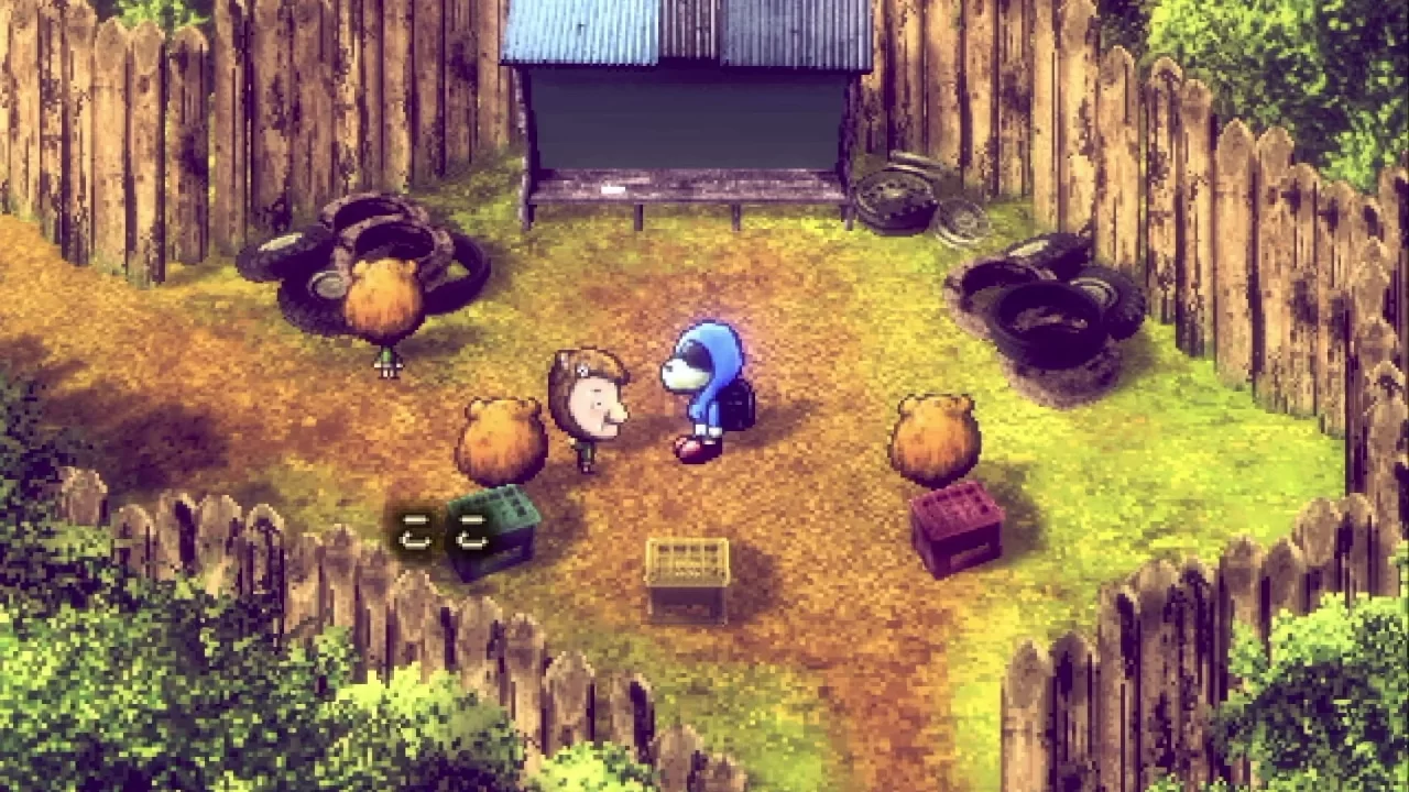 A screenshot of two characters talking in a brown town in Stray Children