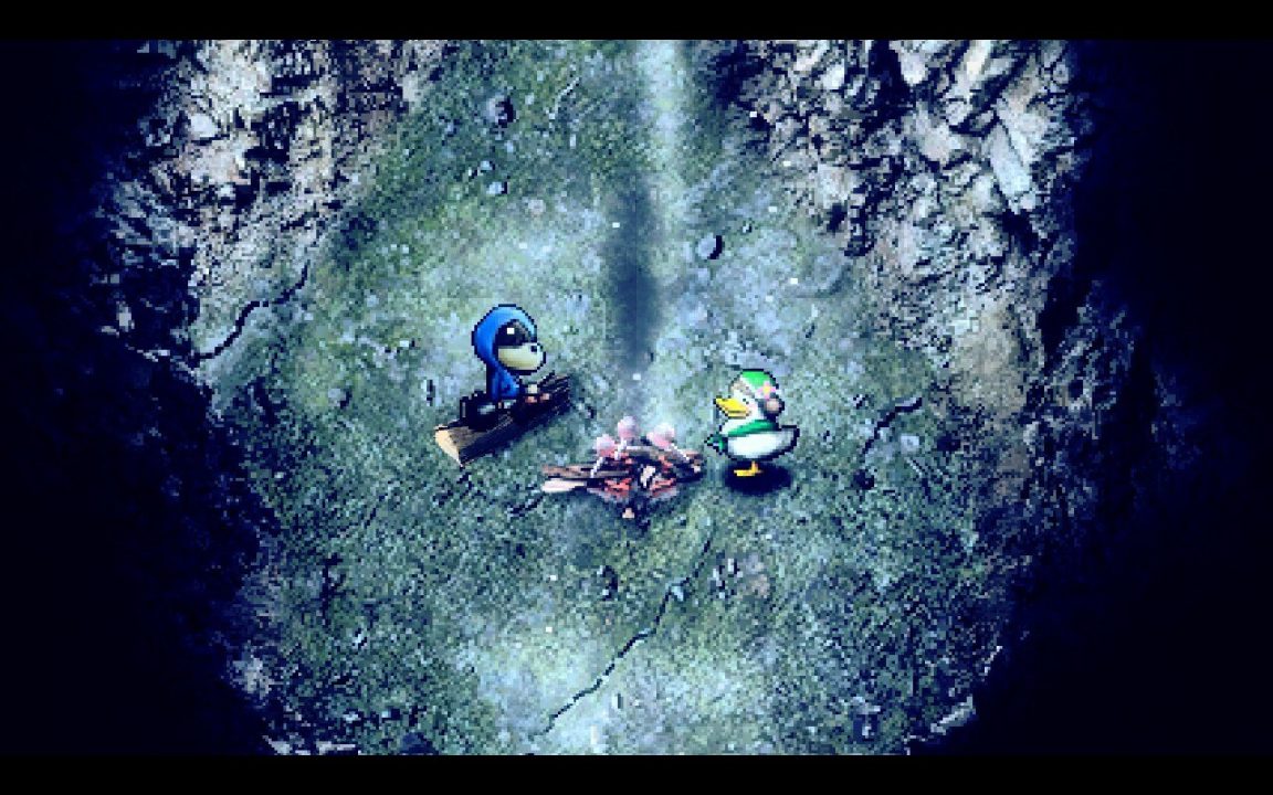 Sitting at the campfire where the player saves their game in Stray Children.