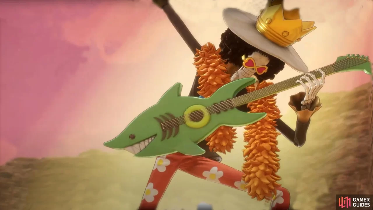 Brook from One Piece Odyssey playing a shark-shaped guitar