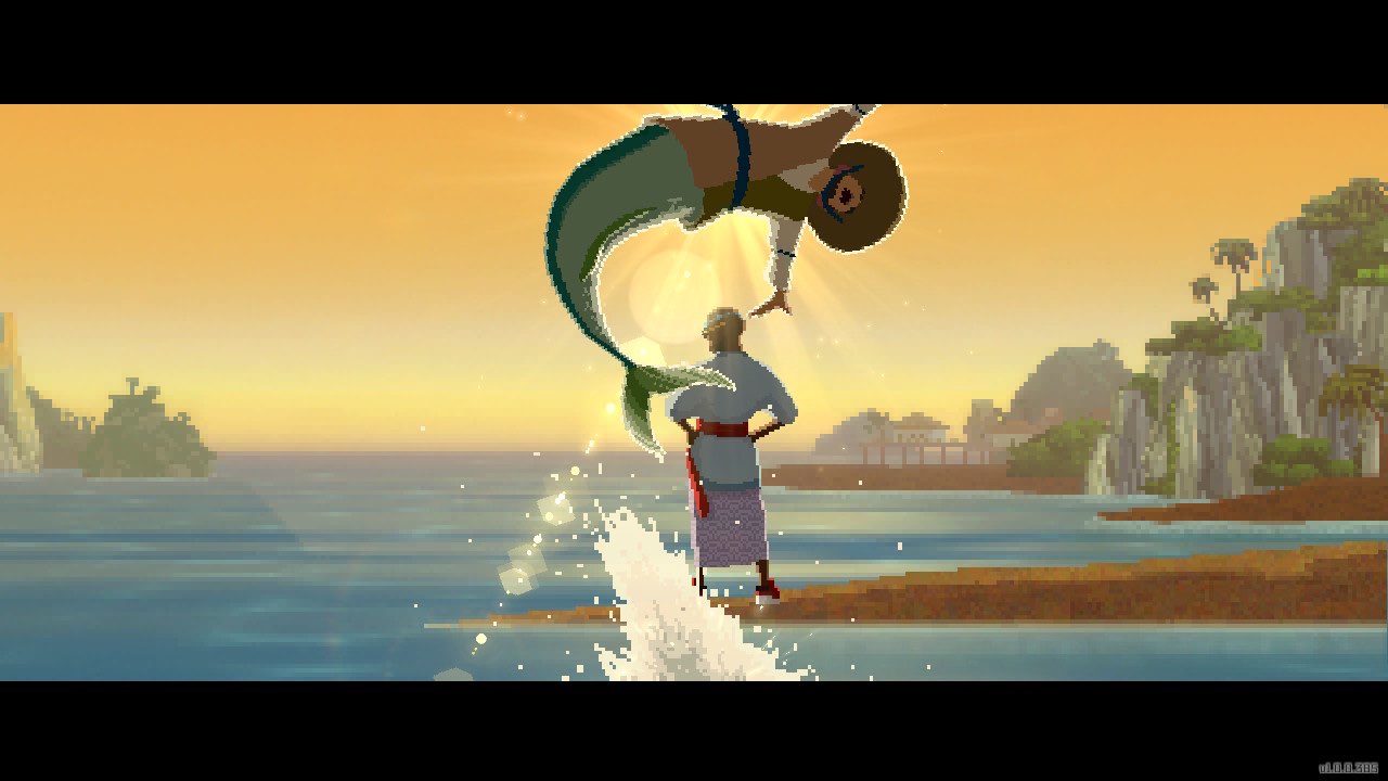 A Dave the Diver screenshot of a sea person leaping out of the water in joy with Bancho the chef on land, facing away from the camera with his hands on his hips in a cool pose.