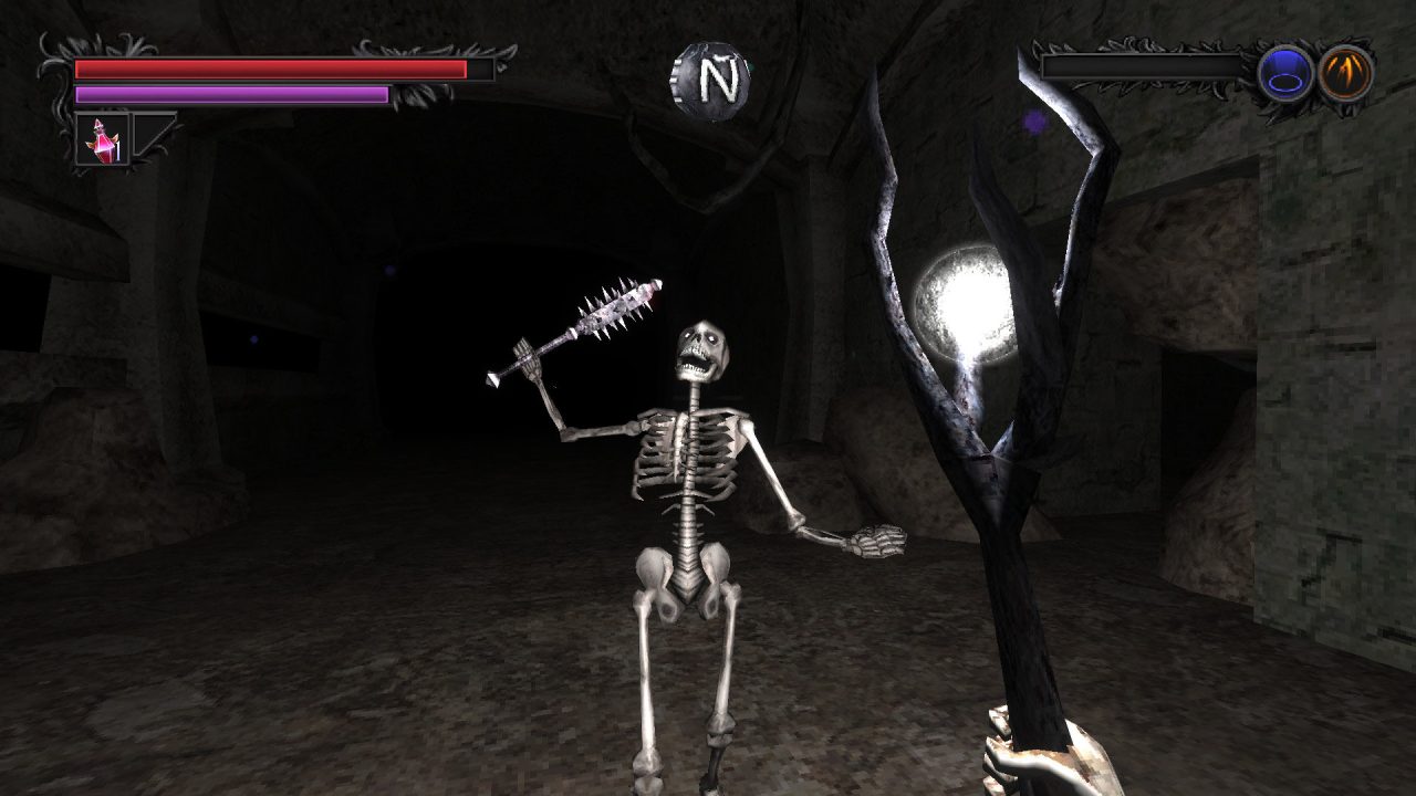 Player doing battle with a skeleton while holding a magic rod.