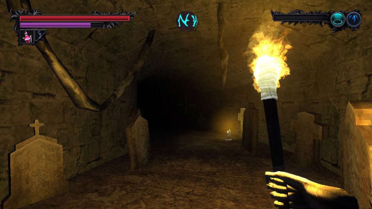 Player holding a torch to light the way inside dark catacombs.