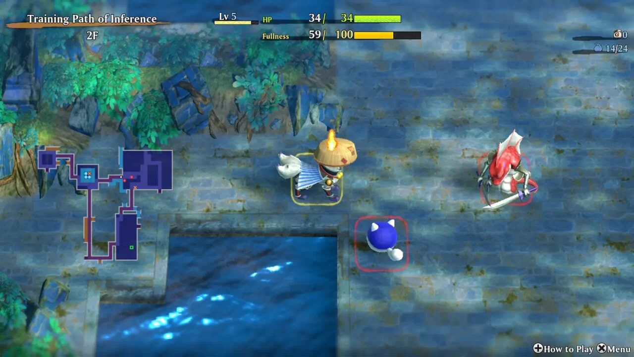Shiren in the midst of a dungeon approaching a serpent in Shiren the Wanderer: The Mystery Dungeon of Serpentcoil Island.