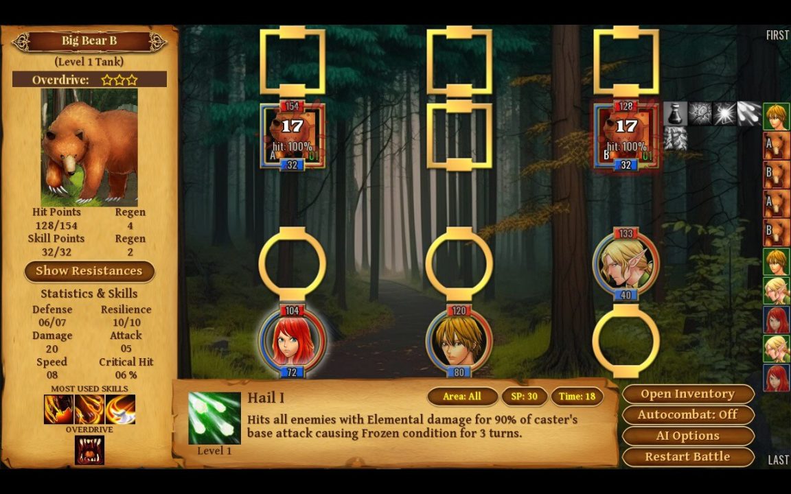 Myrth, Rei, and Saren take part in a battle against nature in Tales of Aravorn: An Elven Marriage, engaging in menu-driven combat against a bear.