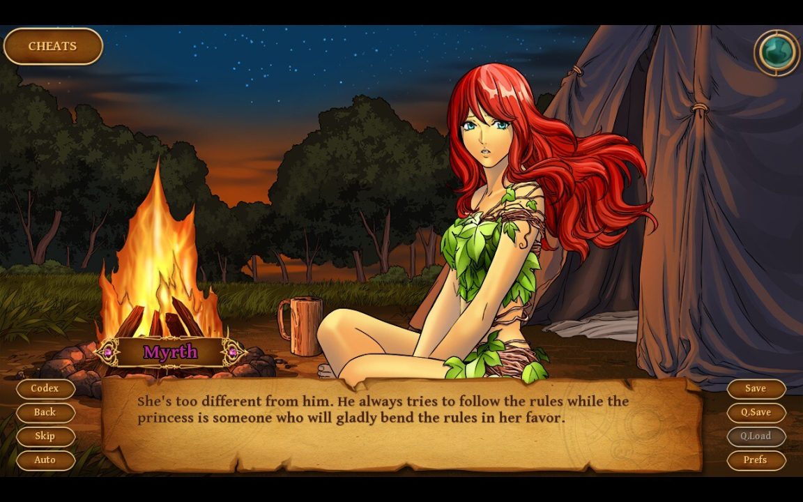 Myrth talks in a camp conversation CG in Tales of Aravorn: An Elven Marriage.