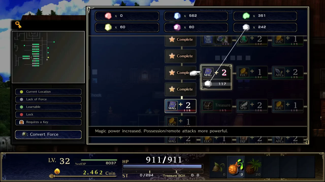 Screenshot of the grow menu, showing nodes with stat increases.