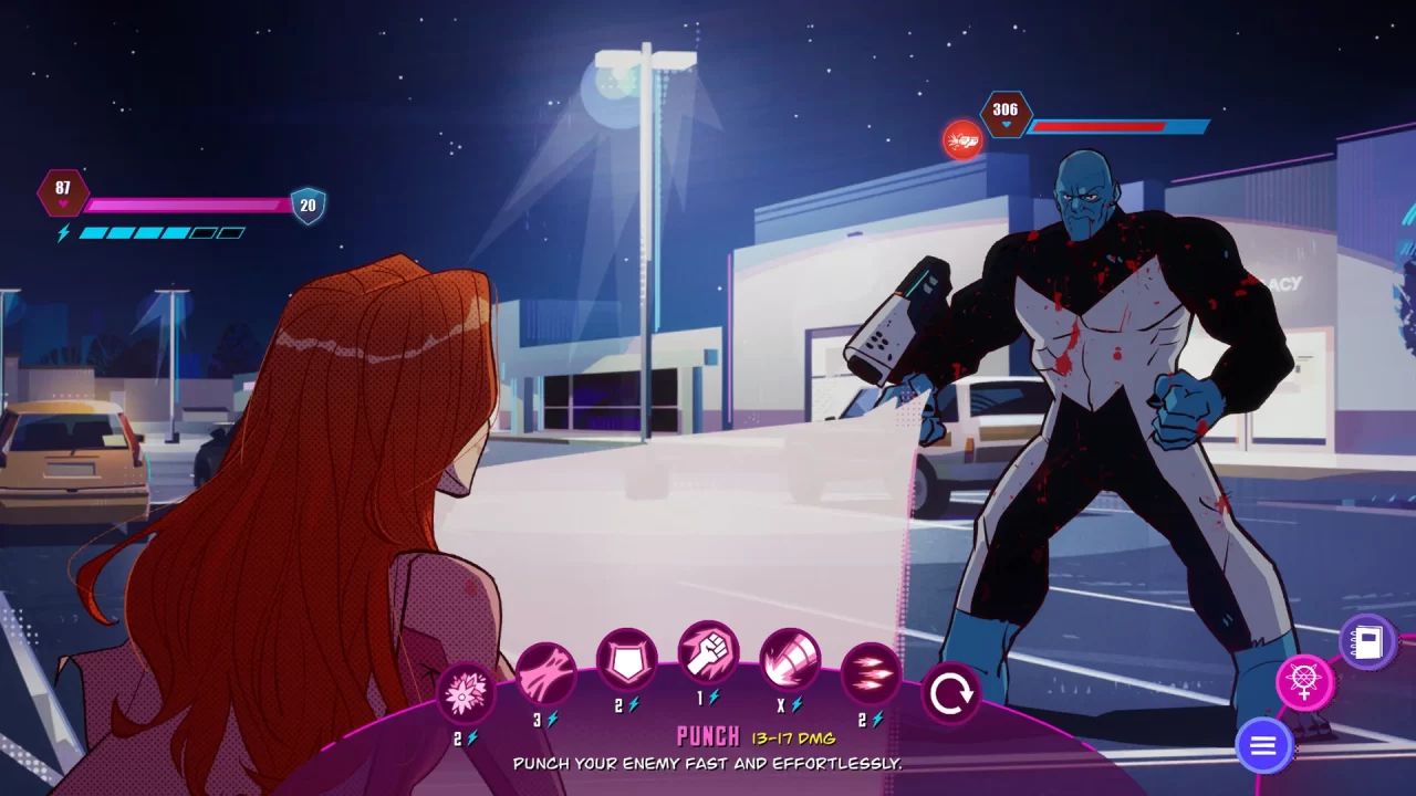 Deciding your next action in a turn-based battle in Invincible Presents: Atom Eve.