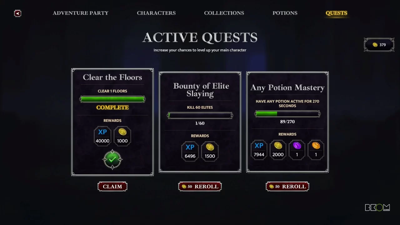 Three active quests with partial completion involving clearing floors, potion mastery, and slaying elite monsters.