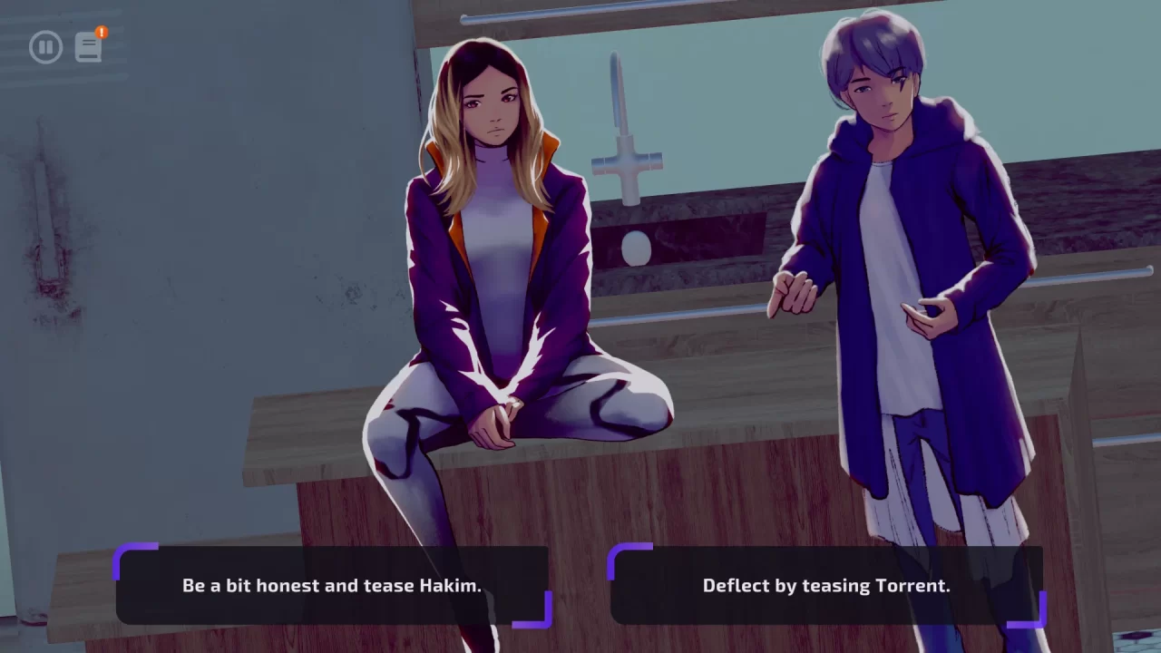 Solace State's Chloe and Torrent near a table in a barren kitchen. The player is presented with dialogue options.