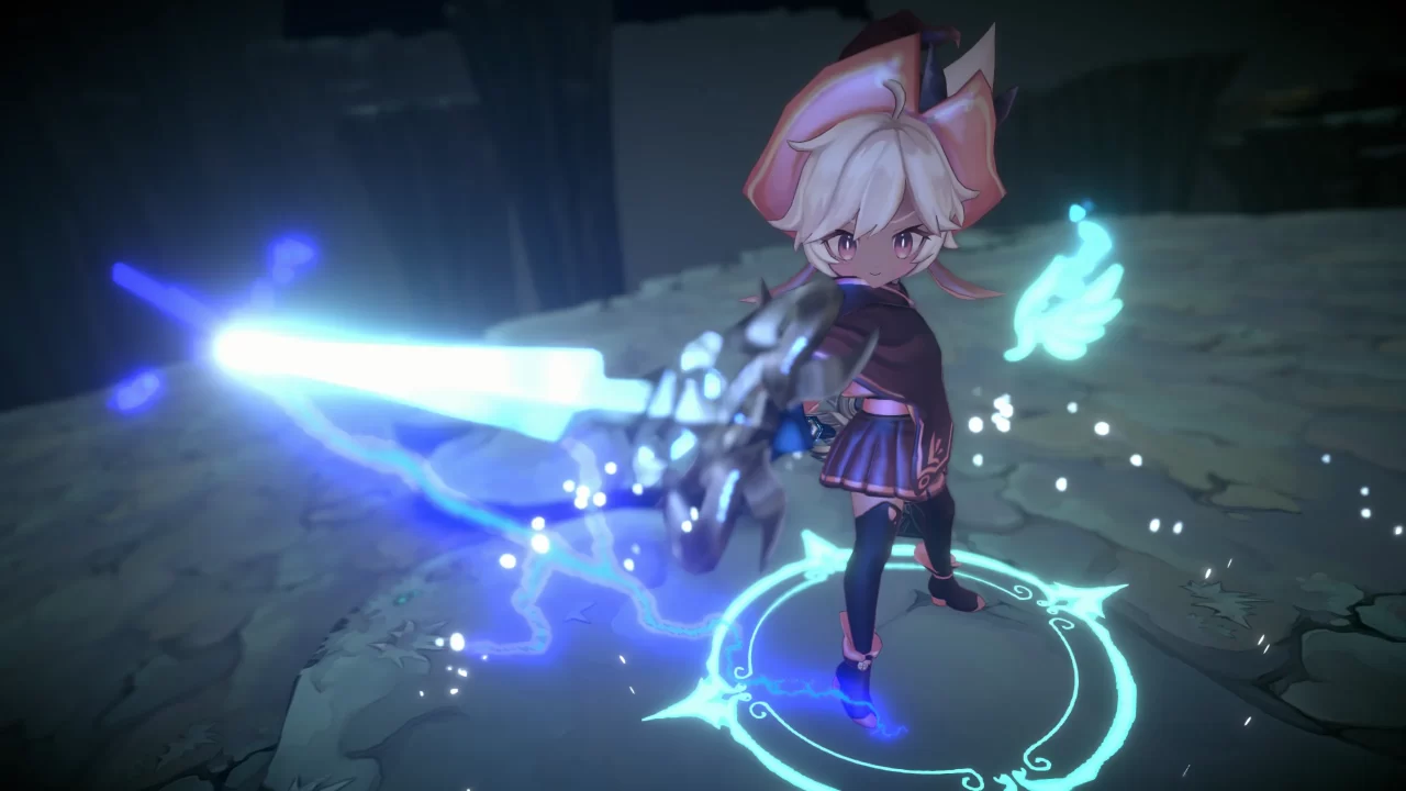 WitchSpring R protagonist Pieberry readying a powerful attack in battle.