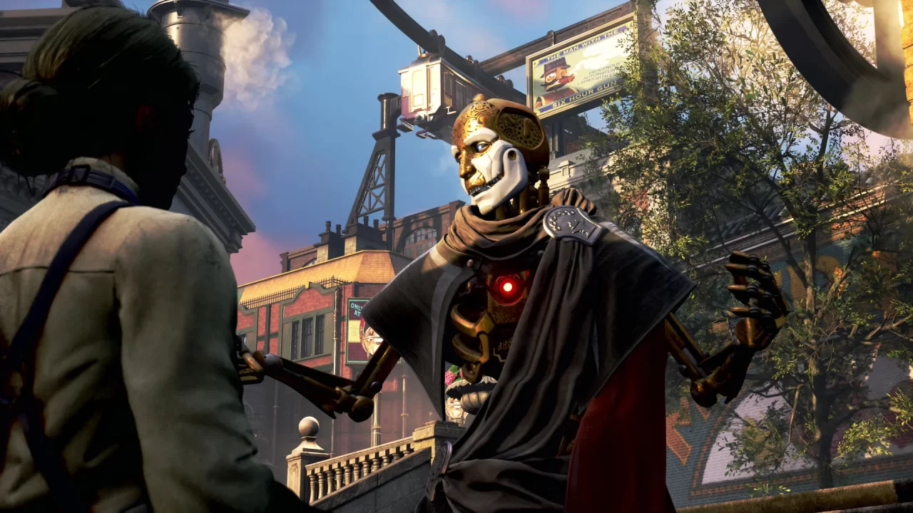 A woman talking with a steampunk-styled humanoid robot wearing a cloak