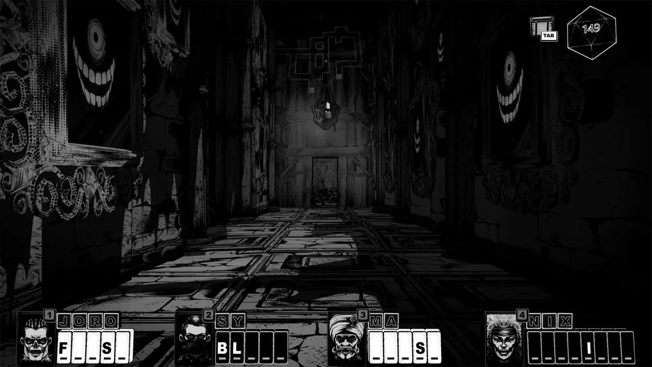 Creepy hallway with odd paintings in Cryptmaster.