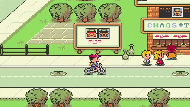 Ness rides his bike up to the Chaos Theater ticket line in EarthBound.