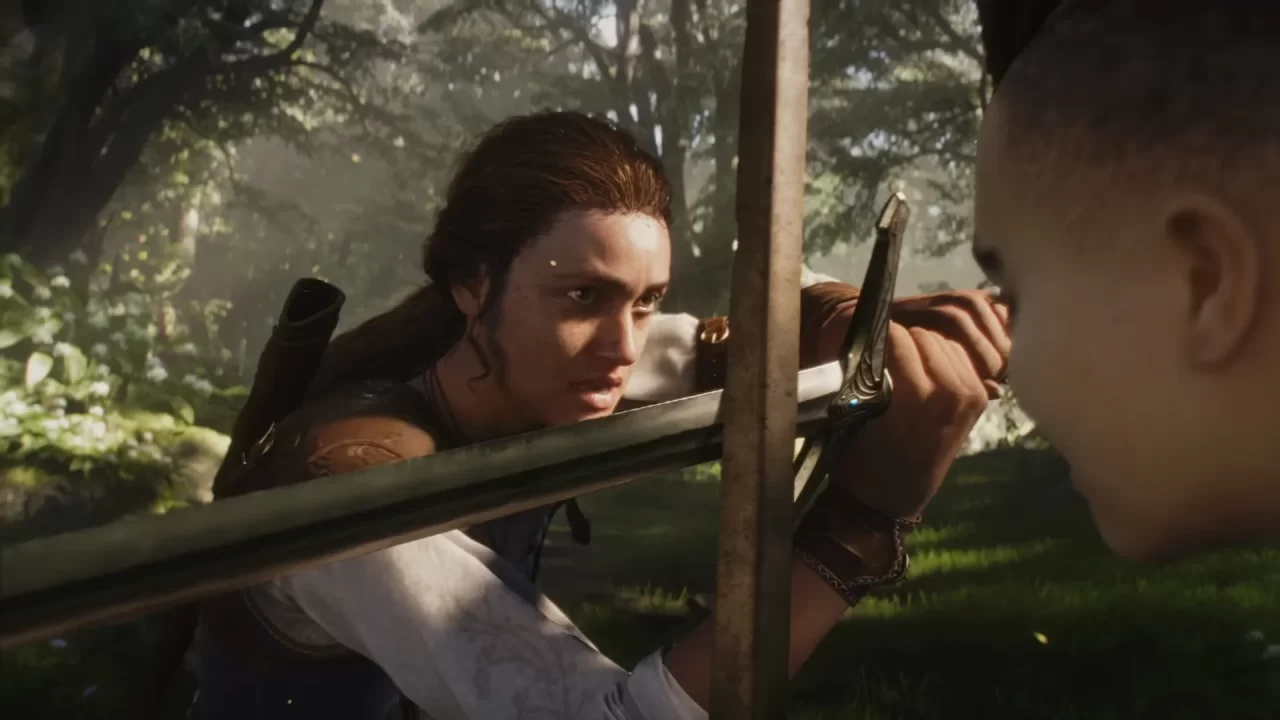 Heroine in the Fable Reboot crossing swords with an opponent in the woods