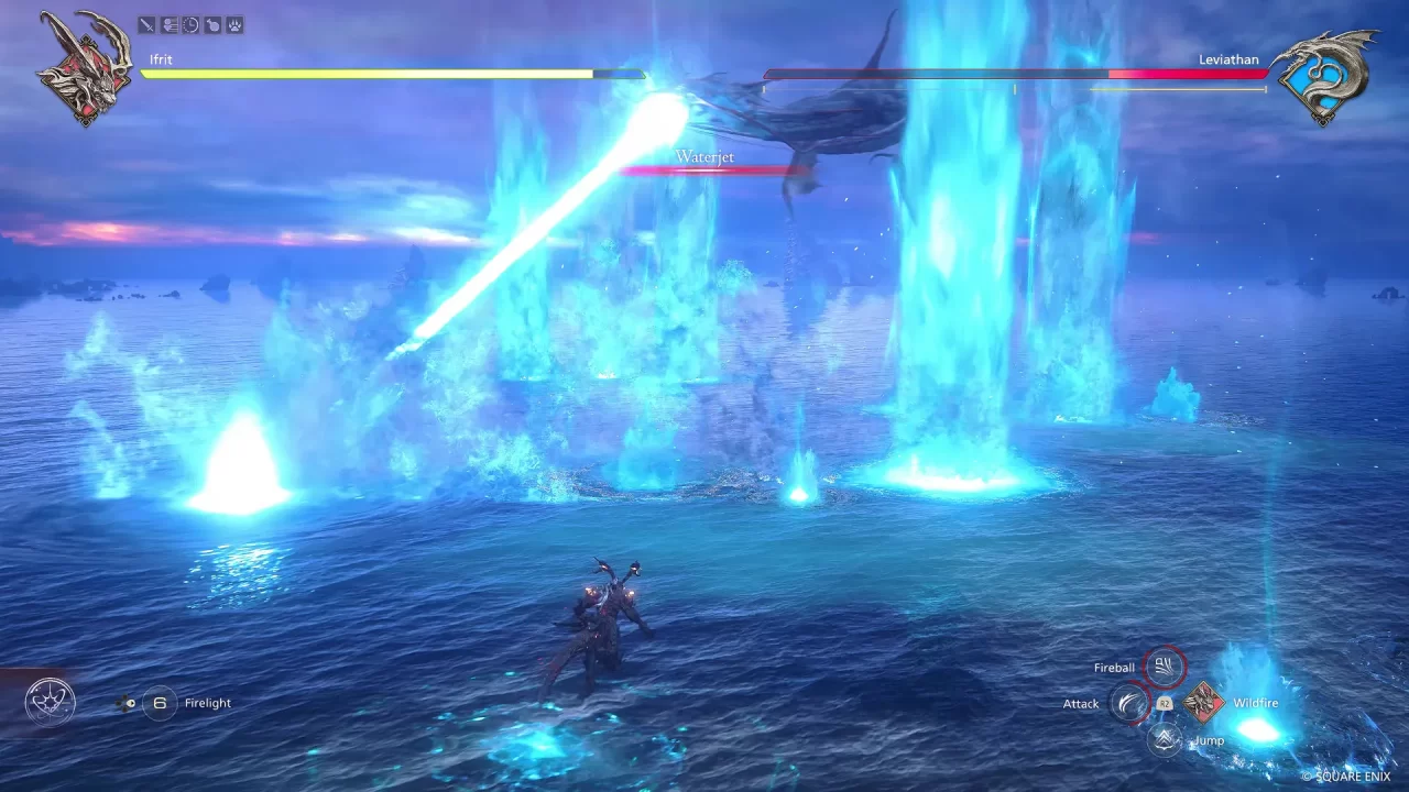 A screenshot of Ifrit in battle with Leviathan over the open ocean in Final Fantasy XVI.
