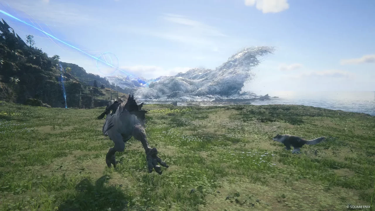 A screenshot of Clive on a chocobo in front of a large wave