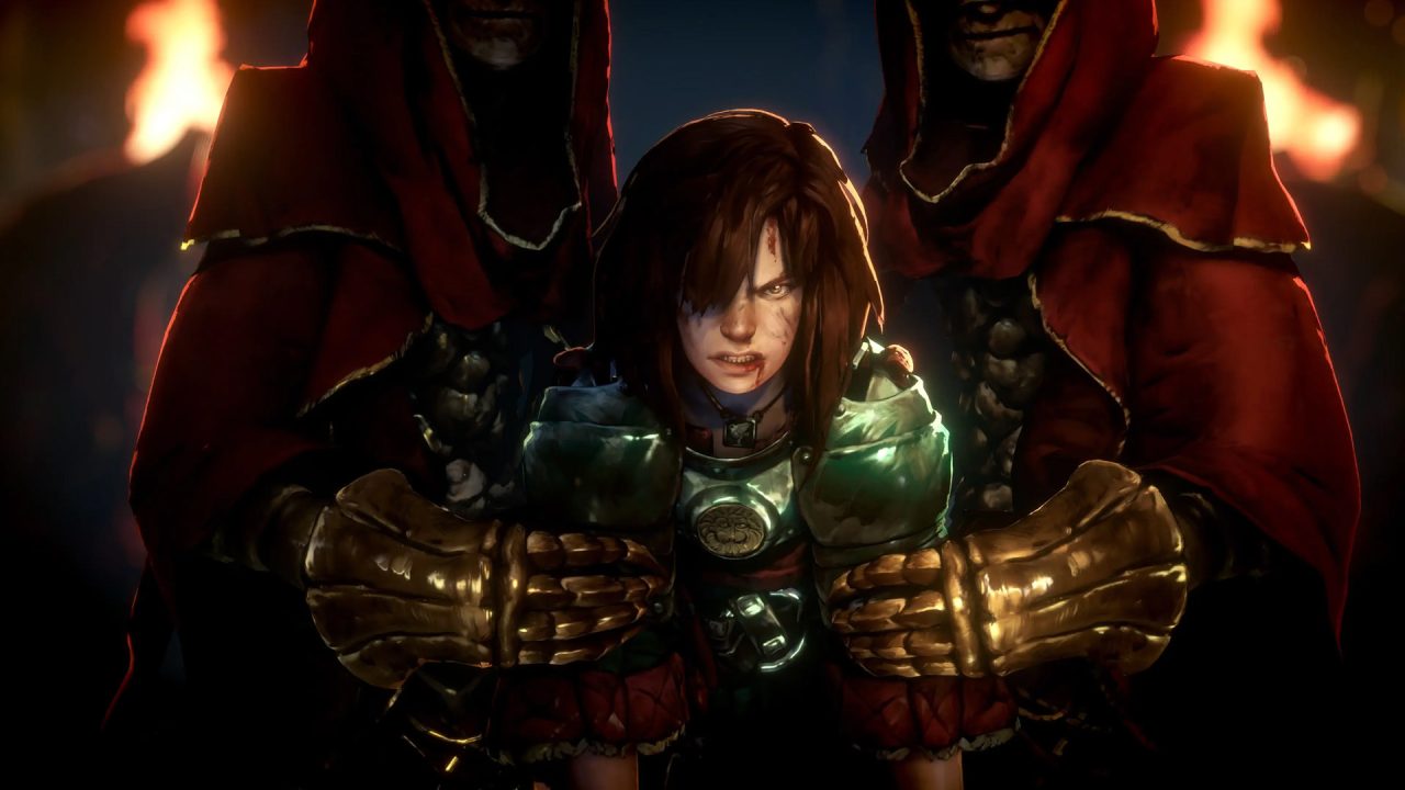 A screenshot of No Rest for the Wicked depicting a wounded woman clad in plate armour facing forward. Her arms are held to her sides by gauntleted hands, and the expression on her face is of tight-lipped rage, blood flecking the left corner of her jaw.