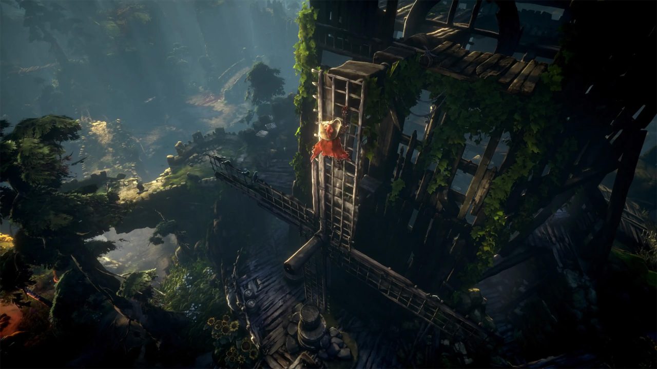 Climbing a windmill ladder with impressive forest valley vistas in No Rest for the Wicked.