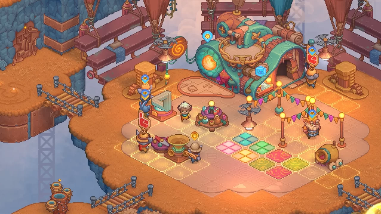 Screenshot of Bandle Tale: A League of Legends Story, with characters situated in a colorful little outdoor market space.