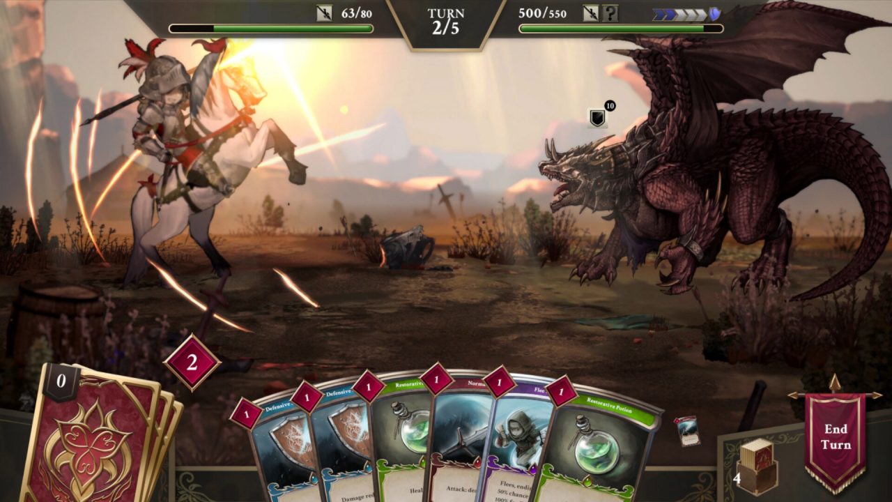 Une bataille 1 contre 1 se déroule entre un chevalier et un dragon dans CARDS RPG: the Misty Battlefield