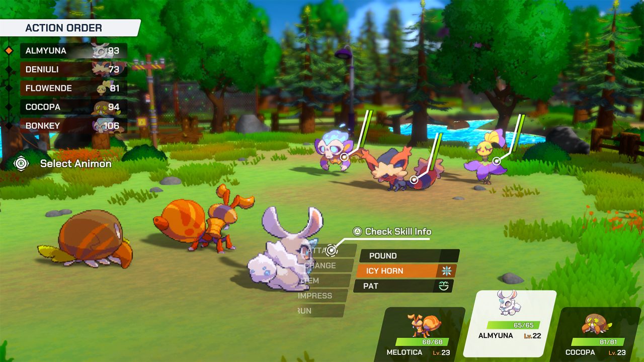 A forest battle between two teams of three cute monsters in LumenTale Memories of Trey.