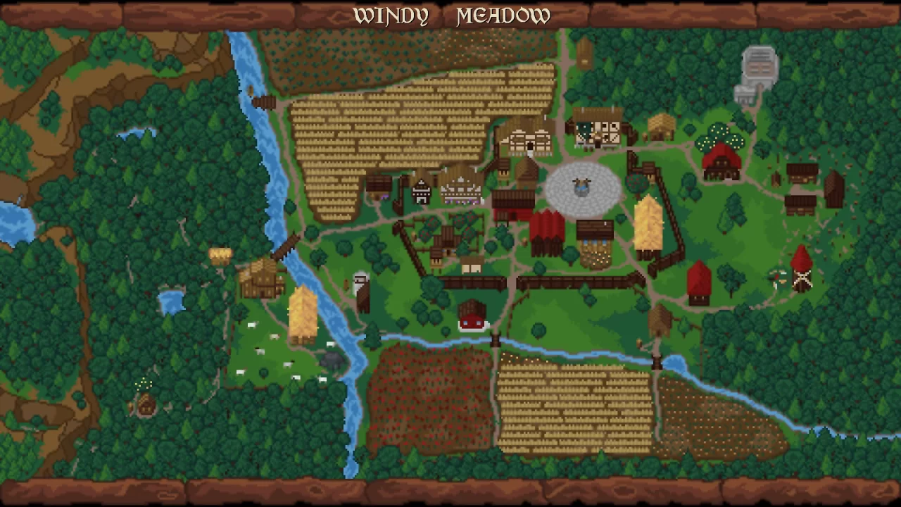The whole town map for Windy Meadow, including fields and streams.