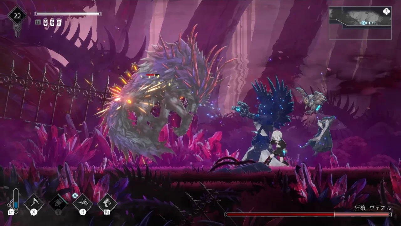 ENDER MAGNOLIA Bloom in the Mist Screenshot of Lilac and her companion homunculi battling a massive horned wolf in a crystalline cavern.