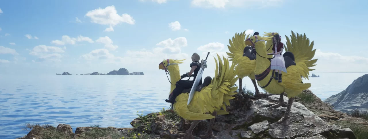 Characters ride chocobos in Final Fantasy VII Rebirth