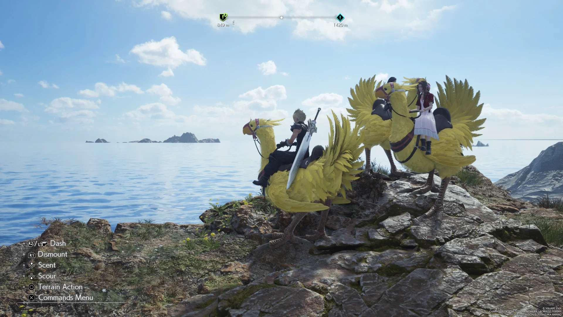 Characters ride chocobos in Final Fantasy VII: Rebirth.