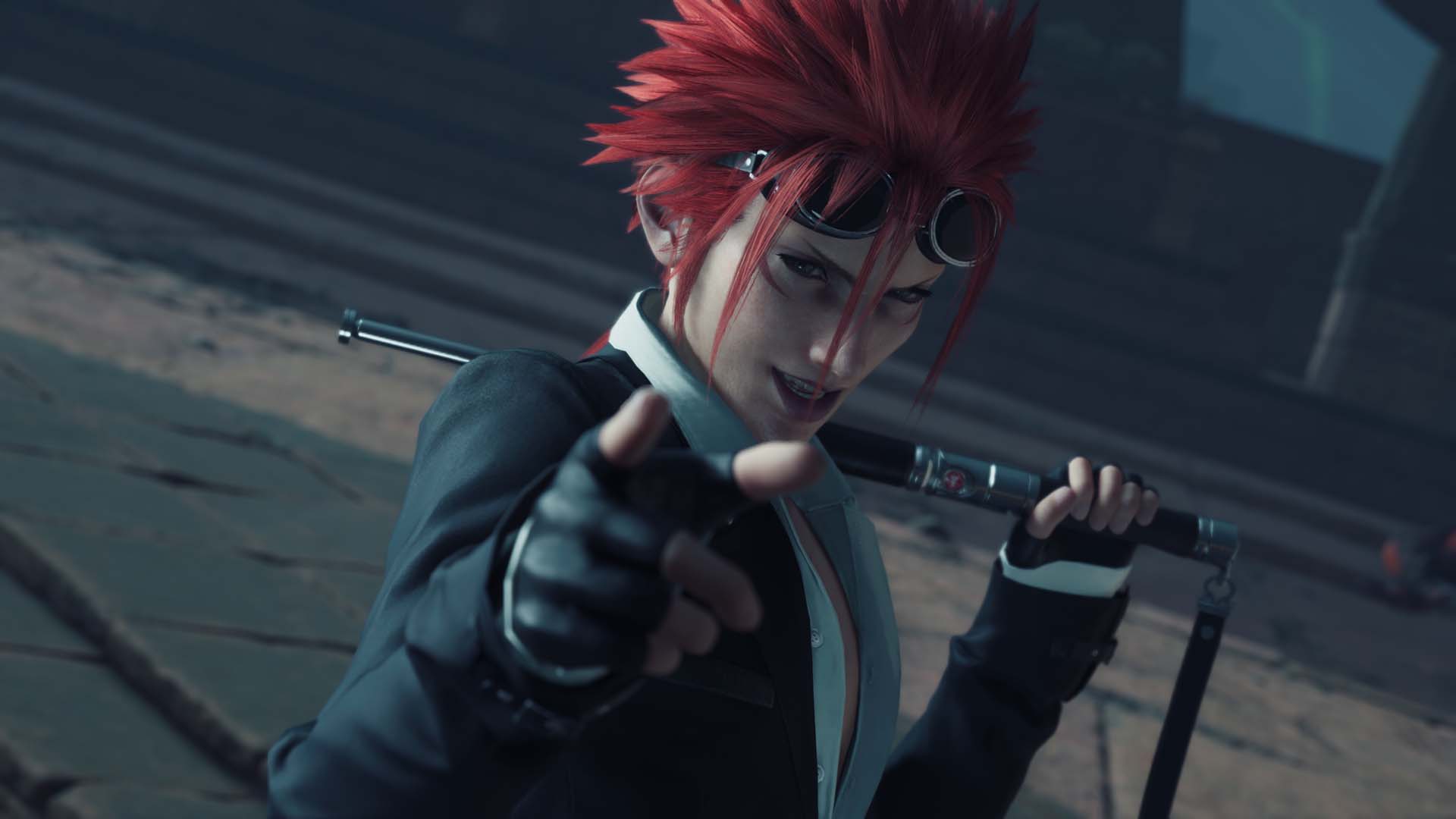A screenshot of Final Fantasy VII Rebirth depicting Reno pointing at the character, wearing a stylish suit with his spiky red hair framed by bulky goggles.
