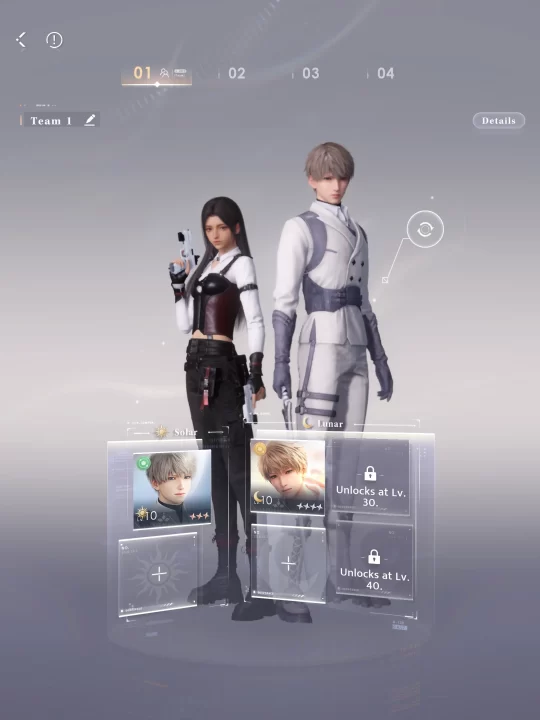 A battle team menu screen of the main character and Xavier showcasing equipped Memories from Love and Deepspace.
