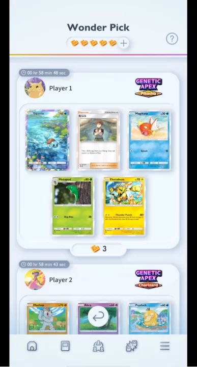 Wonder Pick in Pokemon TCG Pocket with options to pick from two players, a view of their cards, and the stamina cost to select a card from a given set.