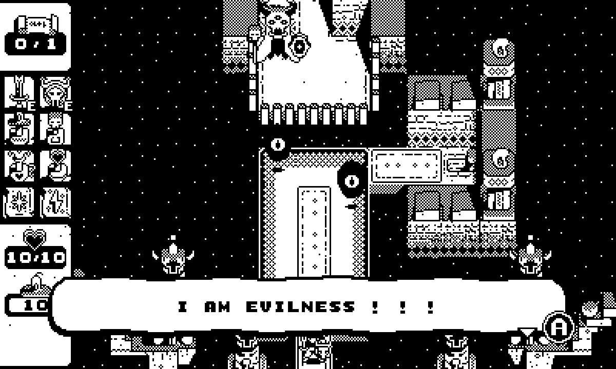 A creepy-looking boss monster announces, "I am evilness!!!" in a treacherous environment where platforms float in space.