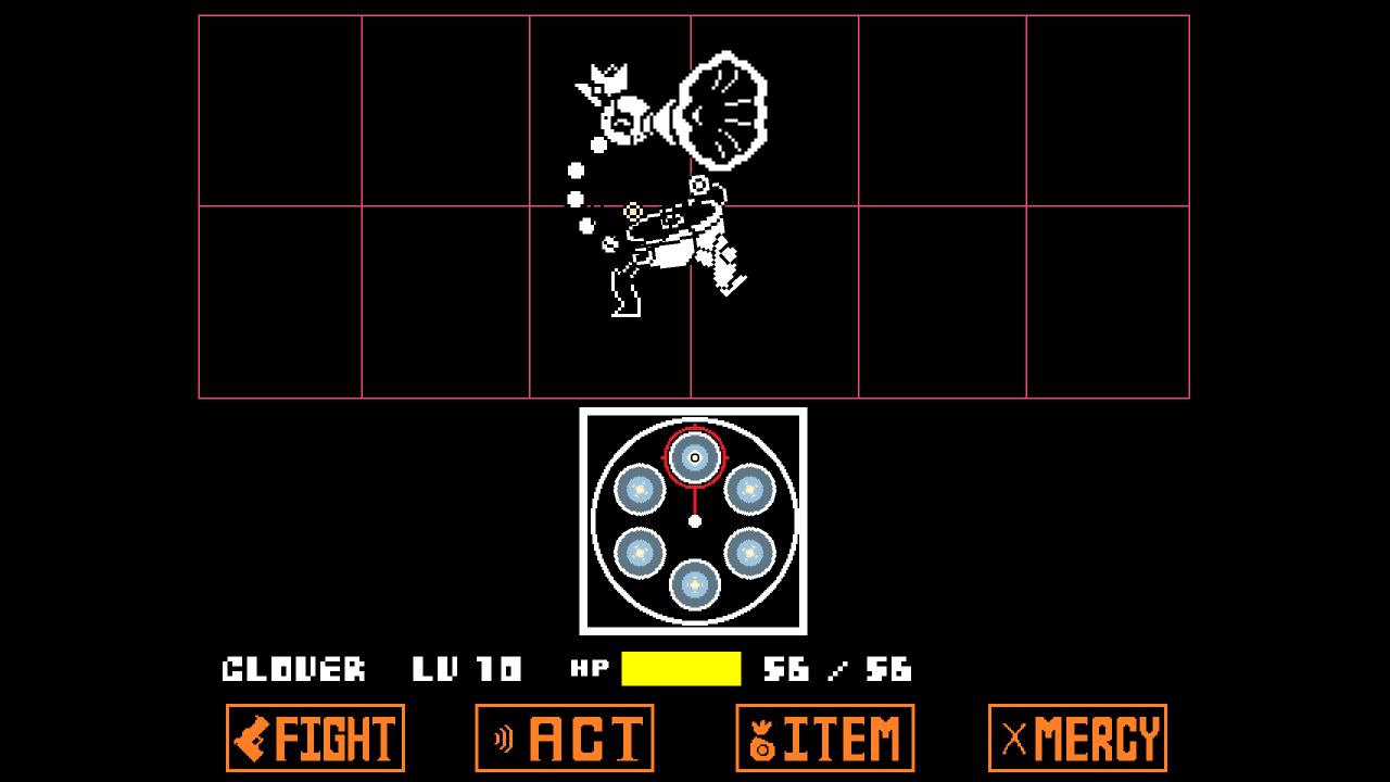 Showing the new Fight combat with a revolver-styled timing minigame in Undertale Yellow,