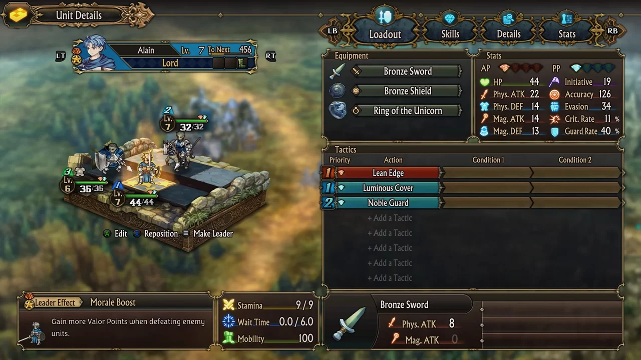The status screen for Alain's squadron that contains Alain, a knight on horseback, and an armored hoplite with a large shield.