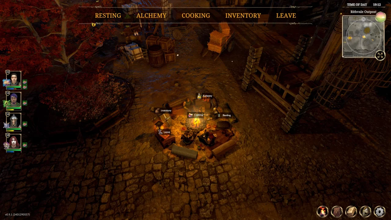 Characters gathering around the campfire with some resting, alchemy, cooking, and inventory menu options.
