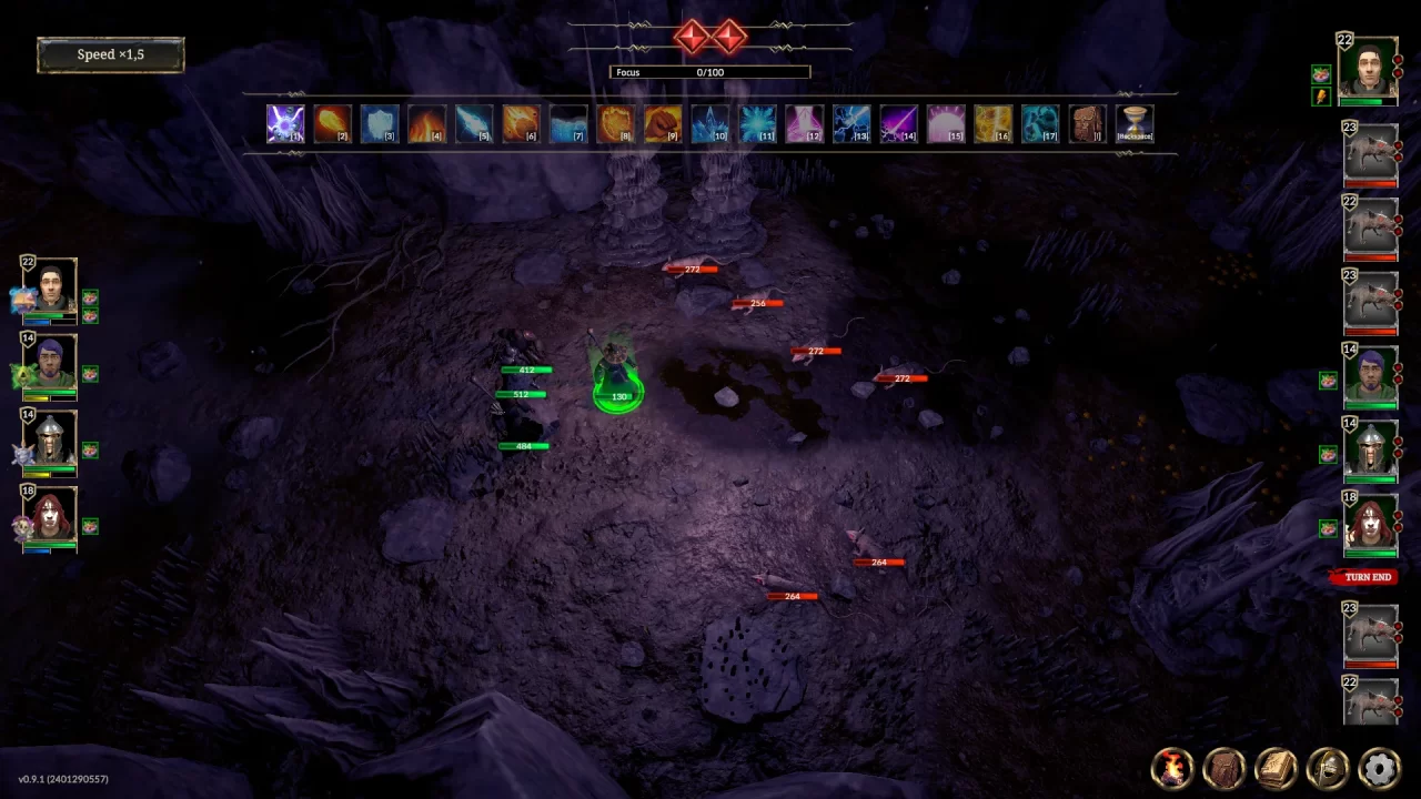 Battle with a character at the front about to attack one of the enemies to the right or left in Zoria.