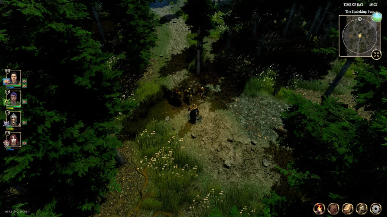 A player character navigating through some dark trees in a top-down view in Zoria: Age of Shattering.